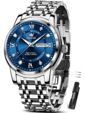 Mens Silver Blue Stainless Steel Luminous Quartz Waterproof Dimond Classic Watch
